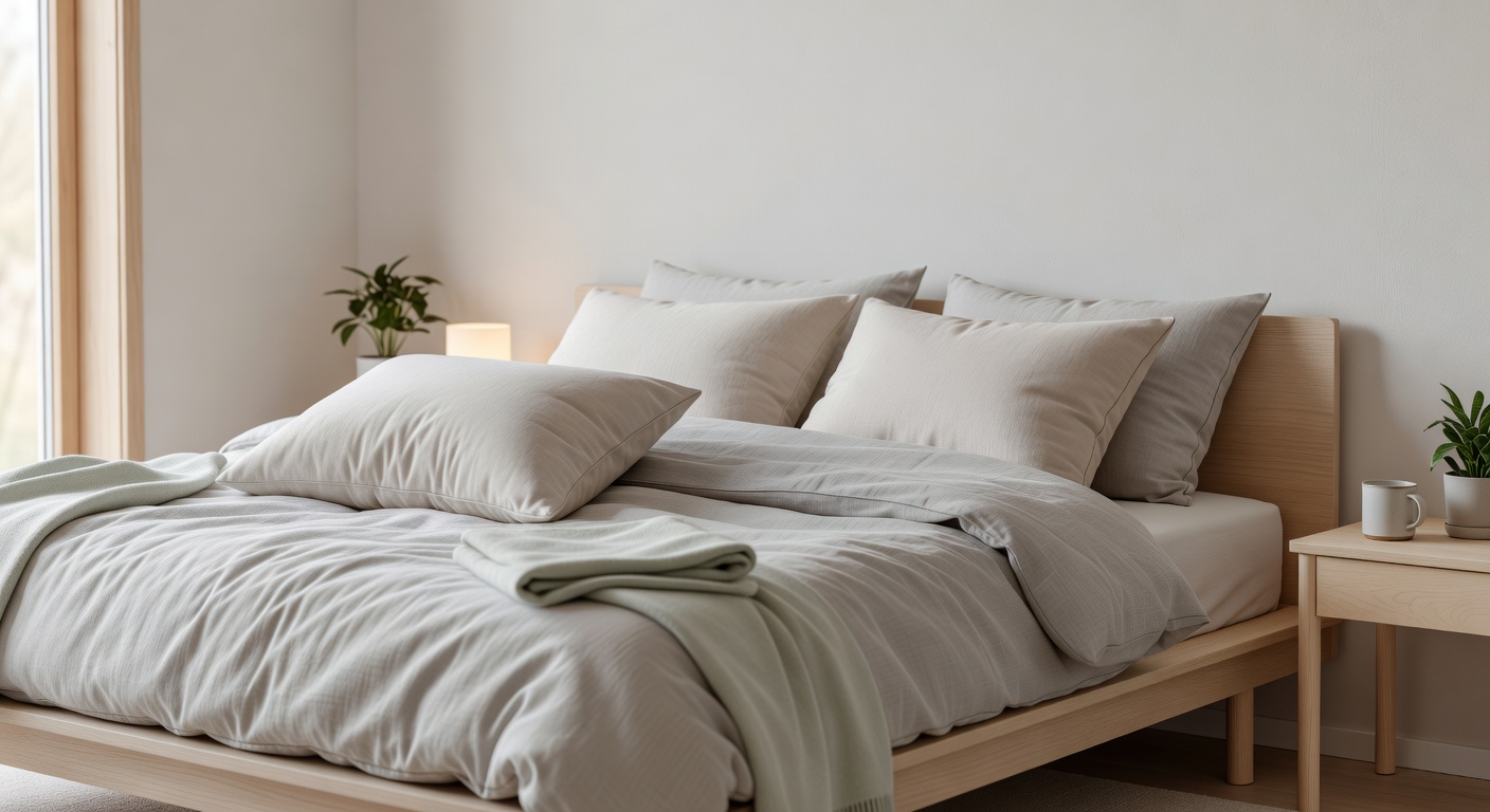 Cozy Scandinavian bedroom with premium Spinarenacorner pillows and soft bedding